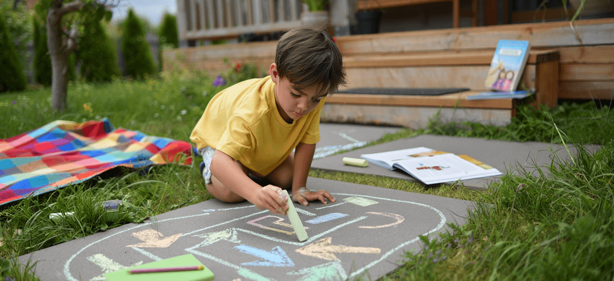 Child drawing colorful arrows and shapes with chalk on a gray path outdoors.