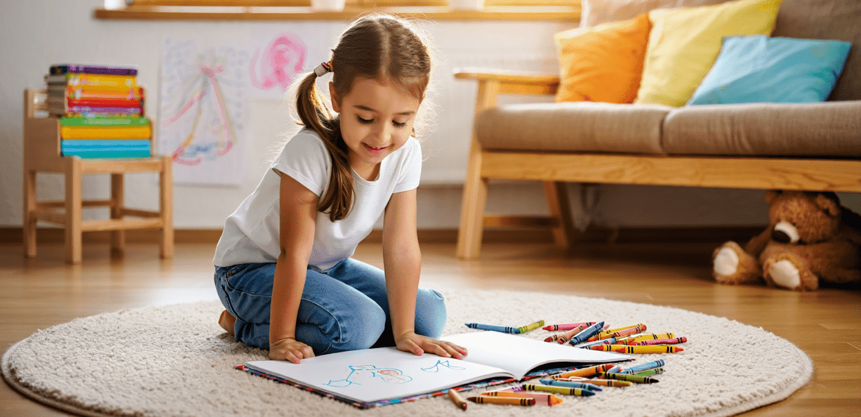 Child drawing on floor with crayons and a book.